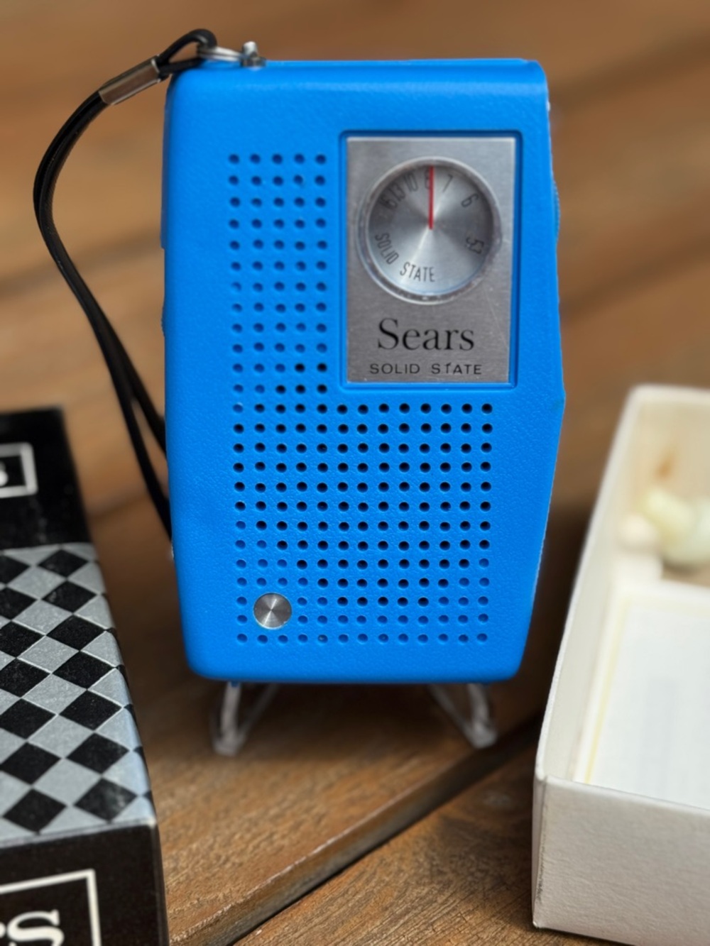 👀Vintage NOS Sears Solid State Blue Transistor Radio Box Headset TESTED WORKS!